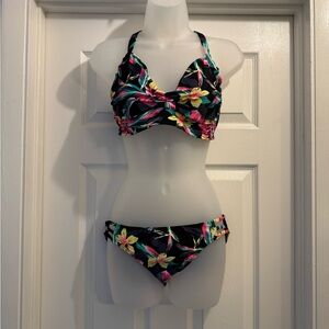 Black and Pink Floral Bikini Set with Convertible Top